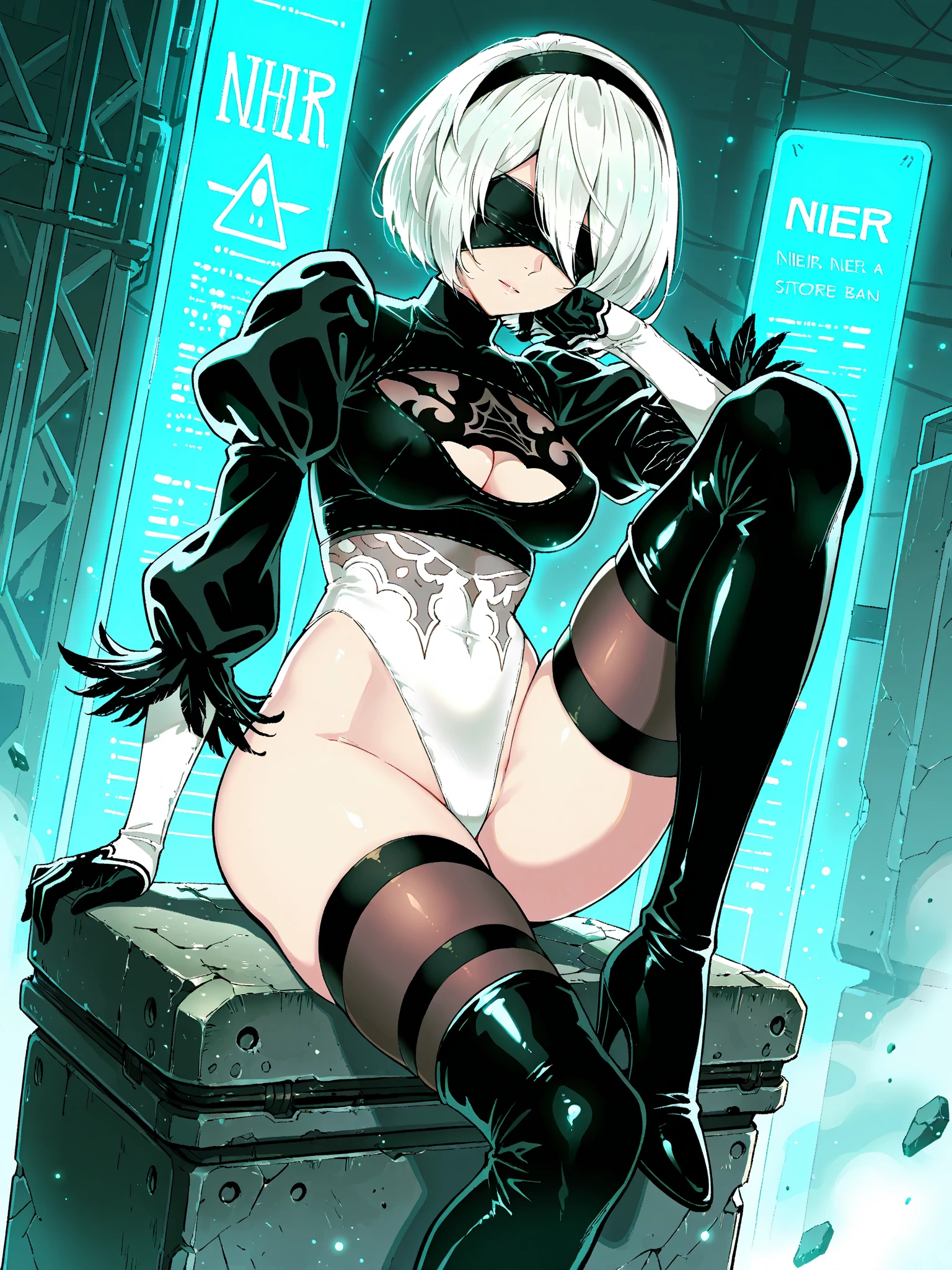 yorha 2B, Nier automata, (black visor, yorha visor), mature woman, white hair, mature body, big breast, big ass, back view