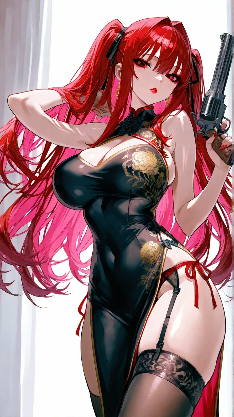 (masterpiece), best quality, expressive eyes, perfect face, ((crimson armor)), black hair, closed smile, athletic body, slim figure, lace bikini, pelvic curtain, exposed midriff, large breasts, cleavage, ((fishnets)), watercolor, sakura blossom background