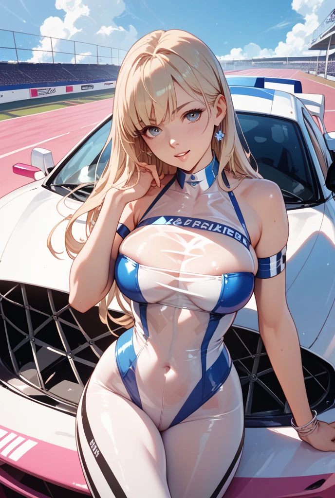 8K、Top  Quality、ultra-definition、extremely highly detailed、the anime、Surreal sixth sense、Visible clavicle、Platinum Blonde Hair、Long hair、Blue Eyes、shinny skin、Huge breasts、voluptuous breasts、thick-thighs、shinny skin、Drag racing、Midsummer Racing Circuit、race car、Racing Girl、Tight-fitting miniskirt, ((((huge muscles))))