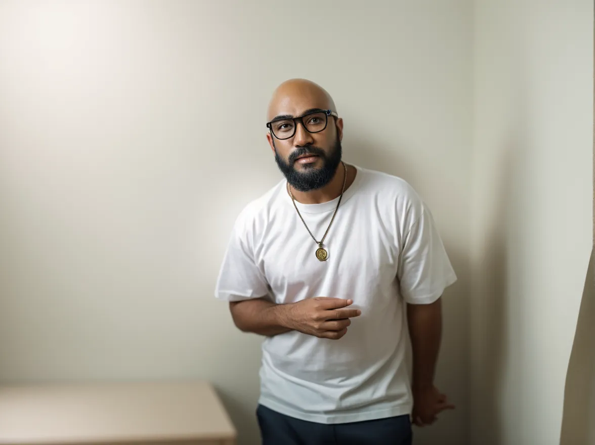 bearded man wearing formal dress, modeling a white shirt and brown jeans, looking straight at the camera