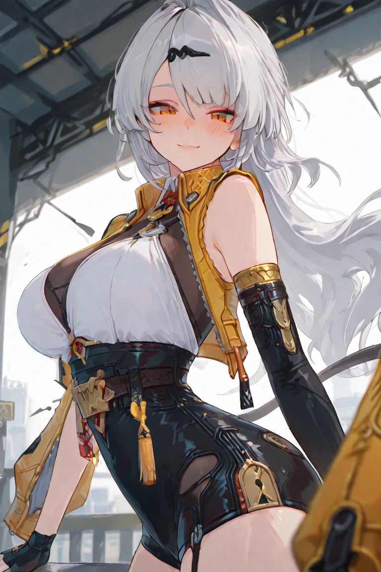 masterpiece, high quality,
1girl, solo,
simple background,
<lora:kazemaruArknightsV1:0.75:De-overfitting>,kazemaru,
white shorts,single thighhigh, 
cowboy shot, 
surprised,looking at viewer,hands before chest,
medium breasts, sideboob, 
[from side],