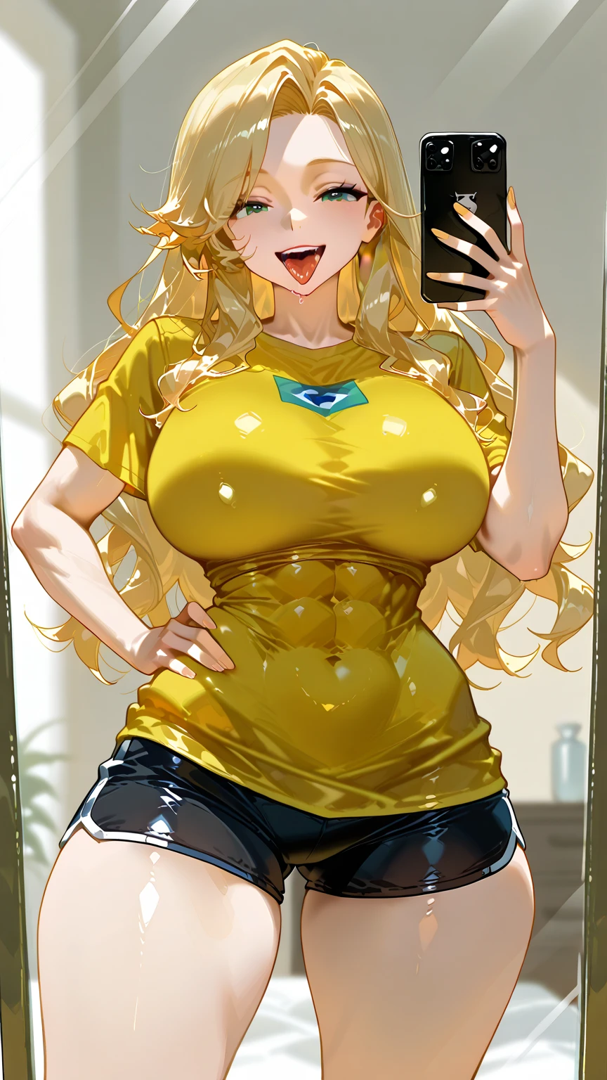 (Nahaufnahme, best quality:1.5, hight resolution, UHD, 4K, Detaillierte Beleuchtung, Shader), blondes Haar, seitlich langer Pony, grinsen, big boobs, Spaltung, Leibchen, kurze Hose, (Pov, sich nach vorne lehnen, von oben), stehend, Hildas mother, hyper breasts
