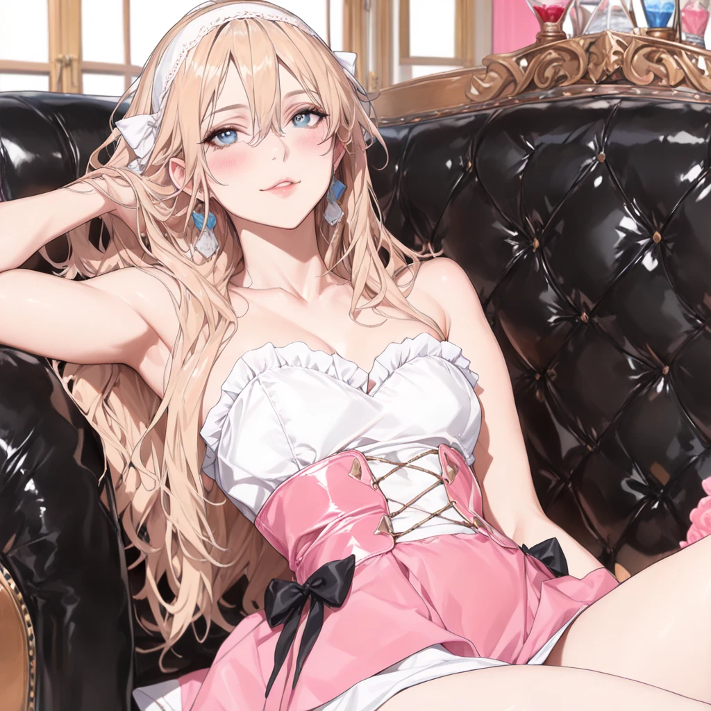 (masterpiece, highest quality, Super detailed,High Resolution,8k), 1 girl ,alone,sitting sofa , Ten generations,Random Background,View the viewer, eleonora_Hill Rose,Yellow hair band,white lace panties white lace bra,