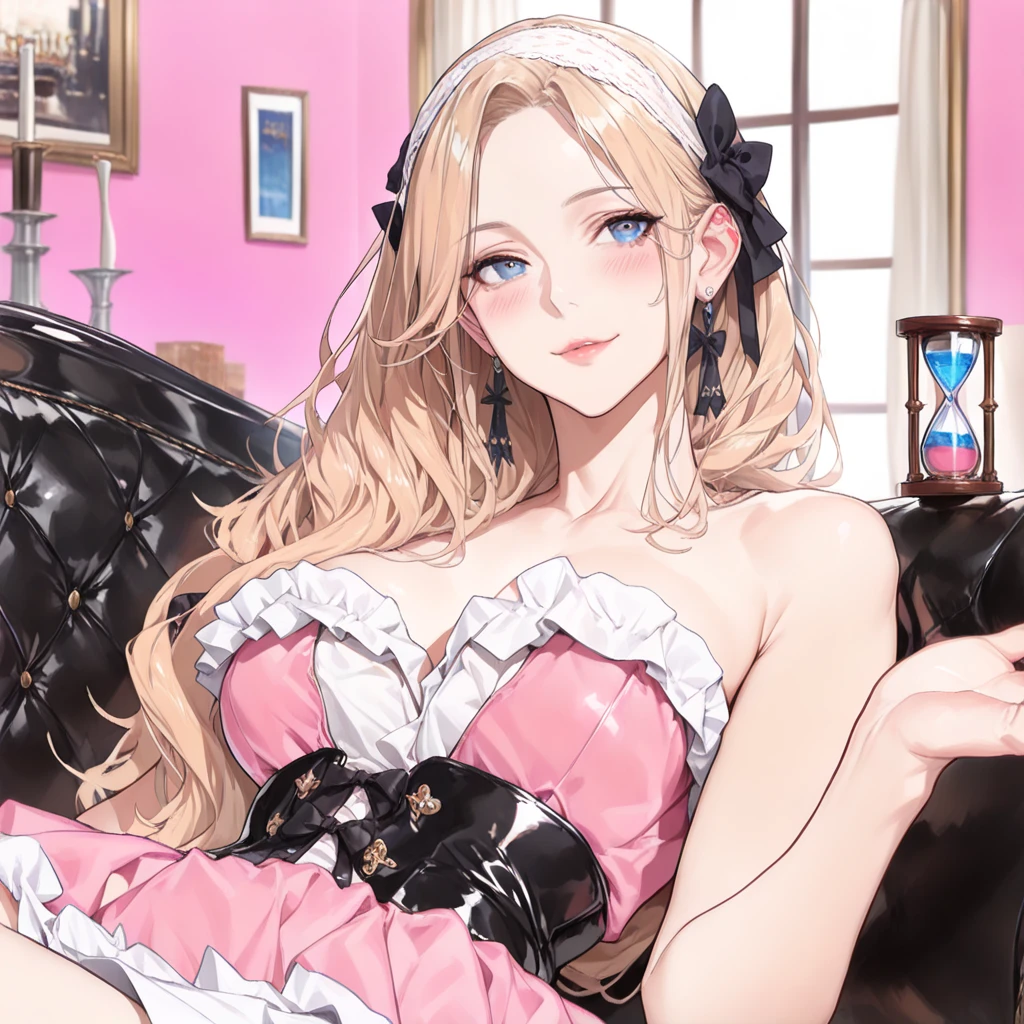 (shoujo-style, romance manhwa), floral background, 8k, masterpiece, highly detailed, solo, 1girl, (ojou curls), ((big hair)), blonde hair, dakimakura, from above, bed, pillow, long hair, mature woman, looking at viewer, smile, white lingerie, white corset, garter straps, stockings, tiara, crossed legs, ojou-sama pose