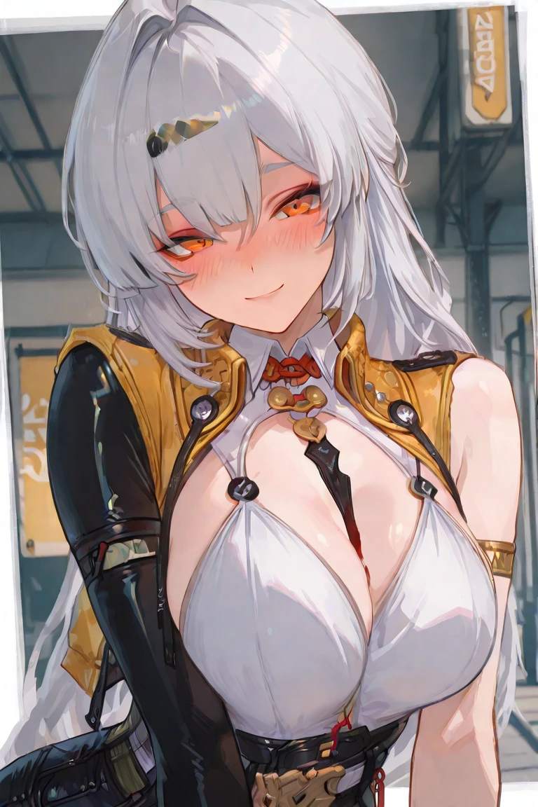 1girl, solo, mature lady, milf, beautiful character design, cg unreal engine, hd, 4k, full shading, perfect shading, professional art, extremely detail character design, a girl with long white hair wearing black theme soldier uniform, happy, smug, red eyes color, red lips, half body shot, looking at viewer, evil pupil eyes, cute evil horns
