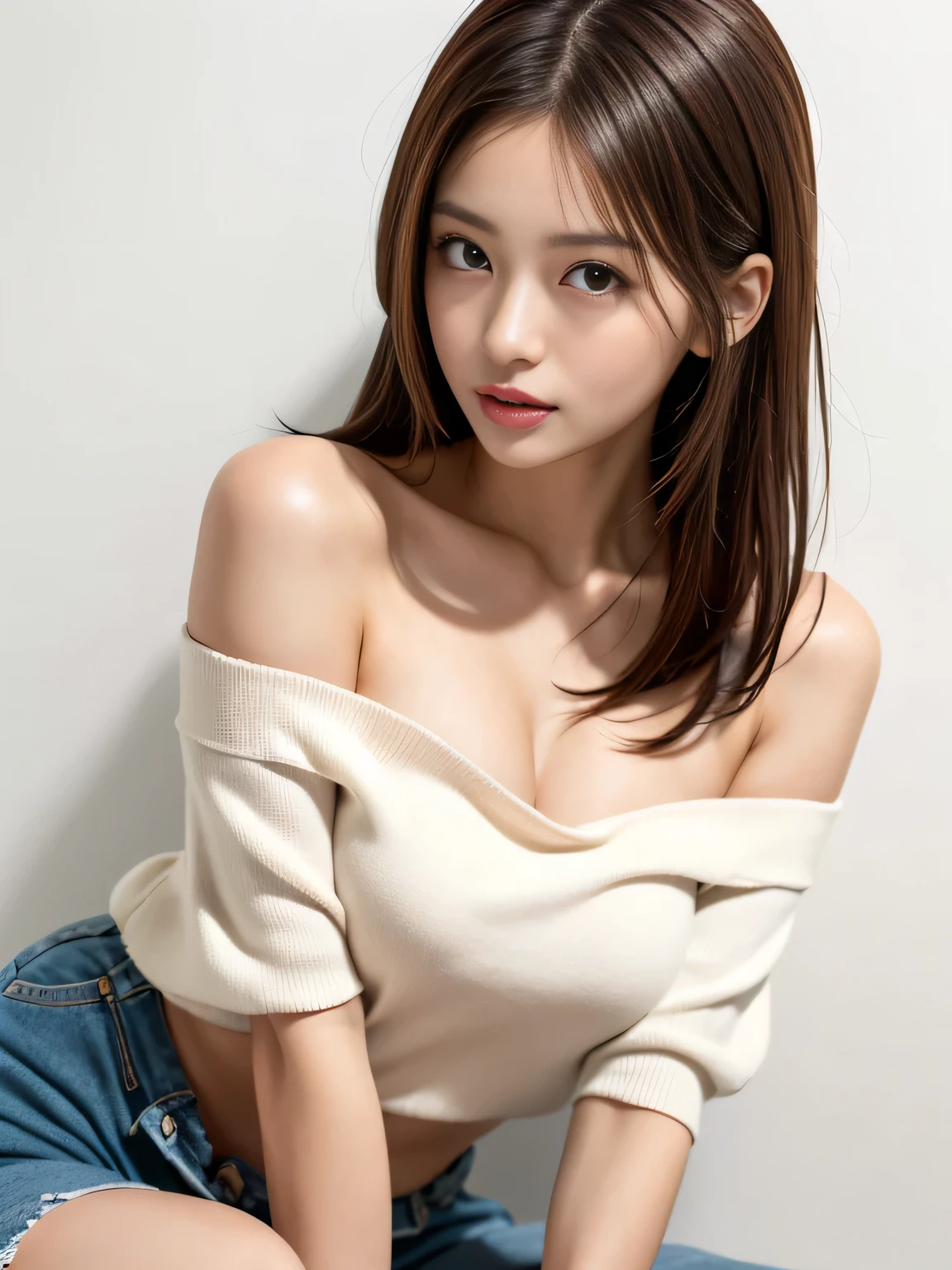 innocent 18 year old girl、((Wear sleeveless knitwear in random colors,distressed jeans bottoms,dramatic pose)),cute face,bright eyes,tear bag,shy smile,shortcut,bed background,Raw photo, (8K、highest quality、masterpiece:1.2)、(intricate details:1.4)、(photorealistic:1.4)、octane rendering、Intricate 3D rendering super detailed, studio soft light, rim light, vivid details, super detail, realistic skin texture, details face, beautiful detail eyes, Highly detailed CG Unity 16k wallpaper, Makeup, (Detailed background:1.2), shiny skin, whole body、Draw from head to knees、cleavage,((Stand on your knees with your legs open))
