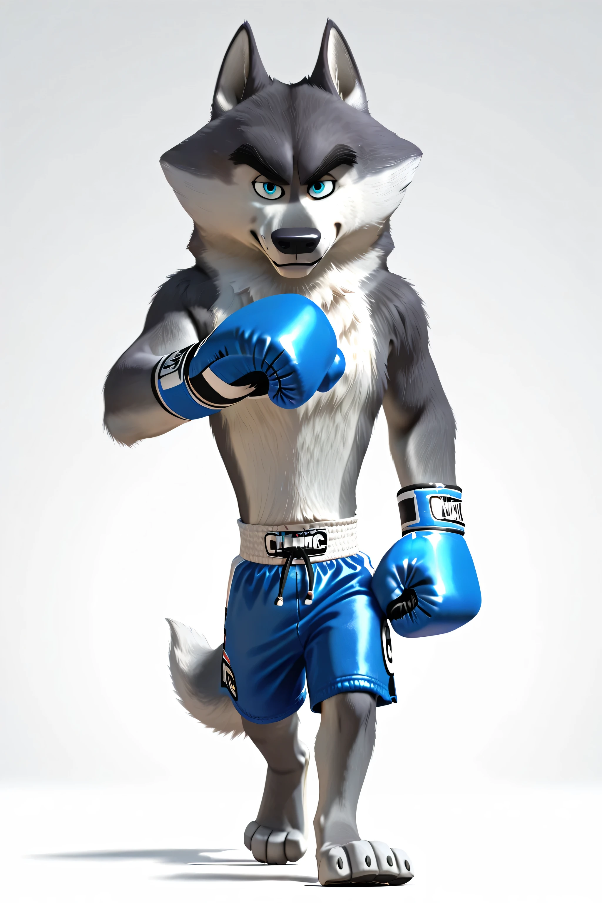 agentclassified, grey fur, wolf, blue eyes, thick eyebrows, cgi, solo, simple background, high quality, detailed, full body, looking at viewer, boxing trunks, boxing gloves, big hands, walking, walking towards viewer, pov_boxing, big feet, boxing stance, boxing pose