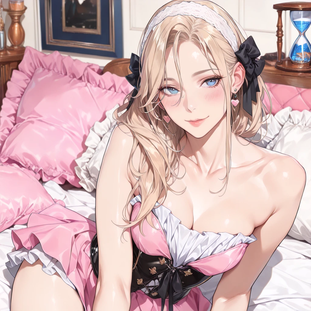 masterpiece,best quality, ultra-detailed,1girl(sakurai momoka, lovely small breasts, wavy hair,blonde hair, headband, pink flower in hair,green eyes, half-closed eyes), a come-hither face, parted lips, nose blush, blush, facing viewer , looking at viewer, solo, see-through nightgown, in the bedroom, night time, standing, Sexy waist teasing