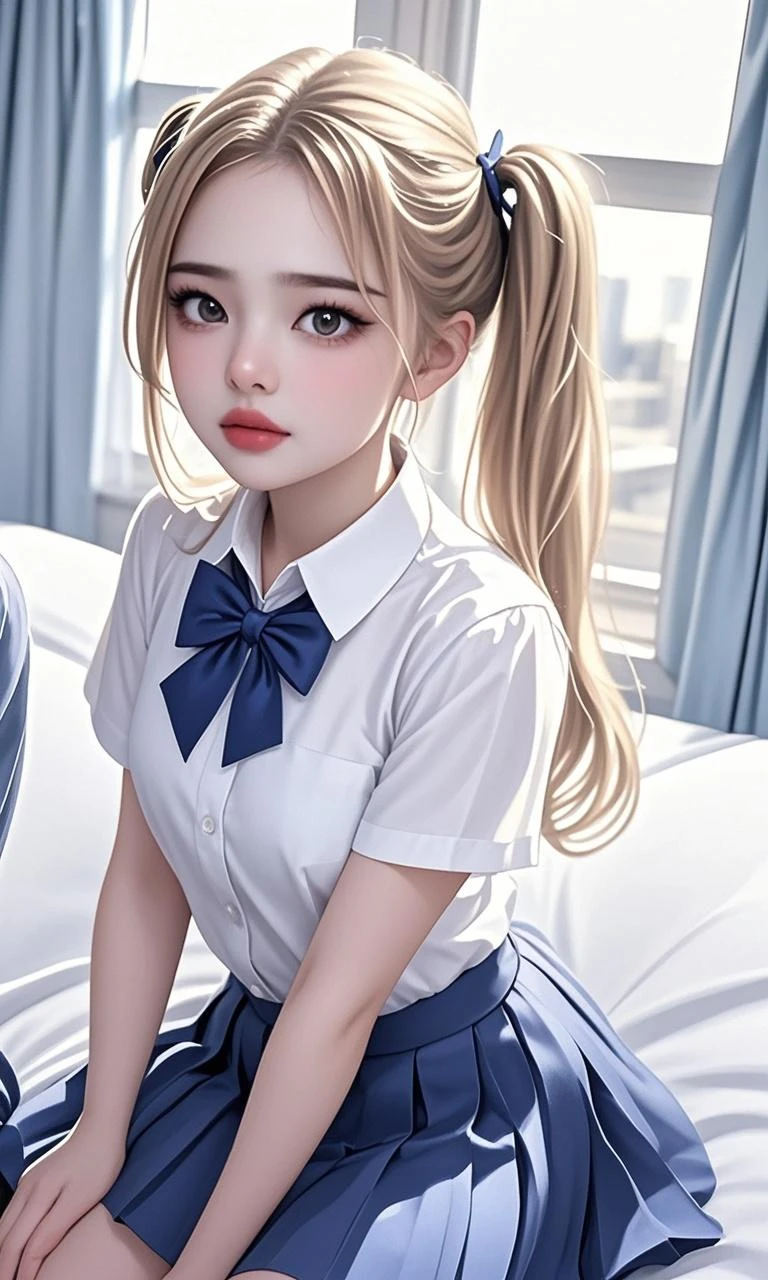 8k,RAW,masterpiece,(Photo: 1.2), (realist: 1.3), (of the highest quality: 1.3). 4), ultra high resolution, half body shot, realistic eyes, (detailed eyes), (detailed facial features), (detailed characteristics of clothing.), 8k resolution, Alone, Beautiful 20 year old woman, thick and fleshy lips, beautiful detailed clear eyes, beautiful, by platinum ruby, Braided hair, with red bows at the ends (Realistic skin), beautiful skin, Enchanting, ultra high resolution, ultra realistic, High Definition, White shirt (semi transparent)translucent unbuttoned very open (showing off big breasts), big breasts, cinematic lighting, perfect, luz outfit, High resolution skin: 1. 2, Realistic skin texture, nice bedroom background,great smile showing white teeth,kkw-ph1,