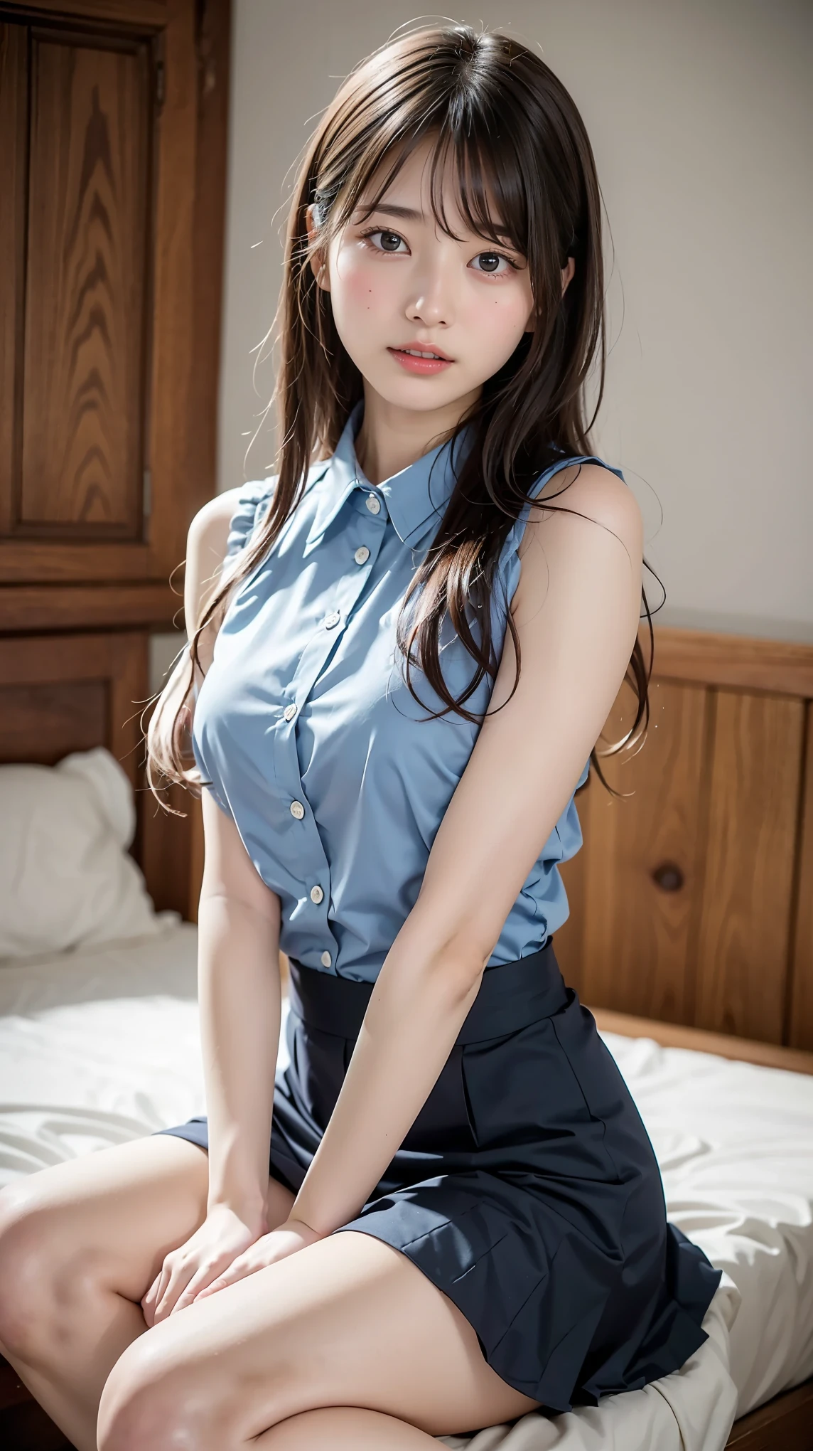 Two Japanese women, (smile:1.05),Browsing Caution、A camera angle looking up at a girl from waist height、8K,Highest quality, masterpiece, Very detailed, 超High resolution, Realistic, RAW Photos, , Absolute Resolution, Complete limbs、Complete Anatomy、Perfect beautiful skin、cute女の子1人,cute女の子 、、(smile:1.2)、Lolita Girl、(school uniform:1.3)、(Sleeveless shirt:1.1)、 ((When you raise your hands above your head, you can see your armpits.))、、Micro Mini Skirt、、Accentuate your thighs、cute女の子、 , Realistic young gravure idol, Japanese Girls、、by 2 person、(bedroom:1.2)、Mix 4, (16K, Raw photo, Best image quality, masterpiece: 1.45), (Realisticな, Photorealistic: 1.37), Two Girls, cute, Professional Lighting, Photon Mapping, bedroom, Physically Based Rendering, Dark brown long bob hair,Beautiful, well-groomed eyes、double eyelid、With a girl, (((Sleeveless shirts worn by Japanese high school girls、Checkered mini skirt,、Dark blue socks、Black Loafers))), Highest qualityの写真, High resolution, 1080P, (Clear Face), (Detailed face description), (Detailed hand description), (masterpiece), masterpiece、Rich details、(Beautiful Faces)、(Highest qualityの写真)、(Detailed eyes)、 in front of you、Thin clavicle、((Slim and large))、(((Japan wears short-sleeved shirts)))、((Pure Idol))、((明るいbedroom))、(Shot from random perspectives)、(((とにかくcute)))、smile、Drawing the whole body from the knees、 nasolabial folds、(Large firm breasts:1.2)、Firm big ass、Two arms and two legs、(((from the front:0.4)))、bare hands、Symmetrical eyes、