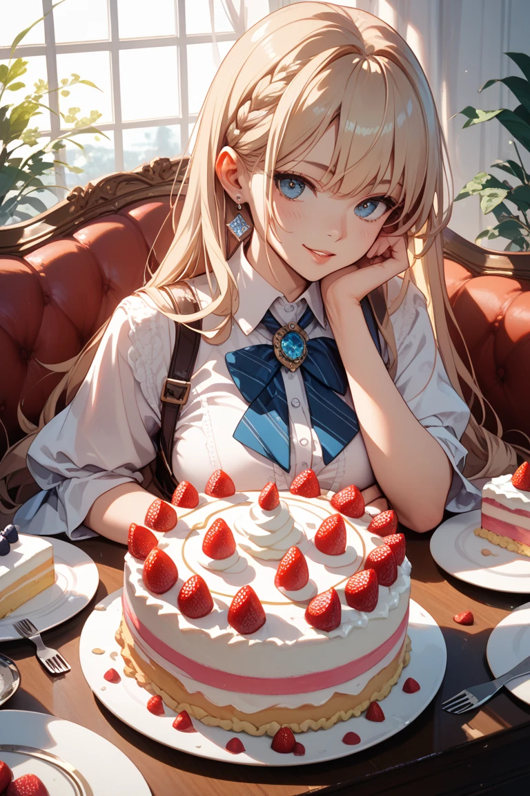 (looking down on the audience:1.3),(from side:0.9), ((Face)), (Close-Up:0.4), ((looking at viewer, holding a cake)),highest quality、(real、photorealistic:1.4),(ultra high resolution, 8K RAW photo, clear focus), best qualtiy, natural lighting, field depth, (Bright pupils, detailed beautiful eyes, high detailed face), Red lip, (tight focus:1.2, from below), sexy posing, seductive weak smiling, Looking at Viewer,