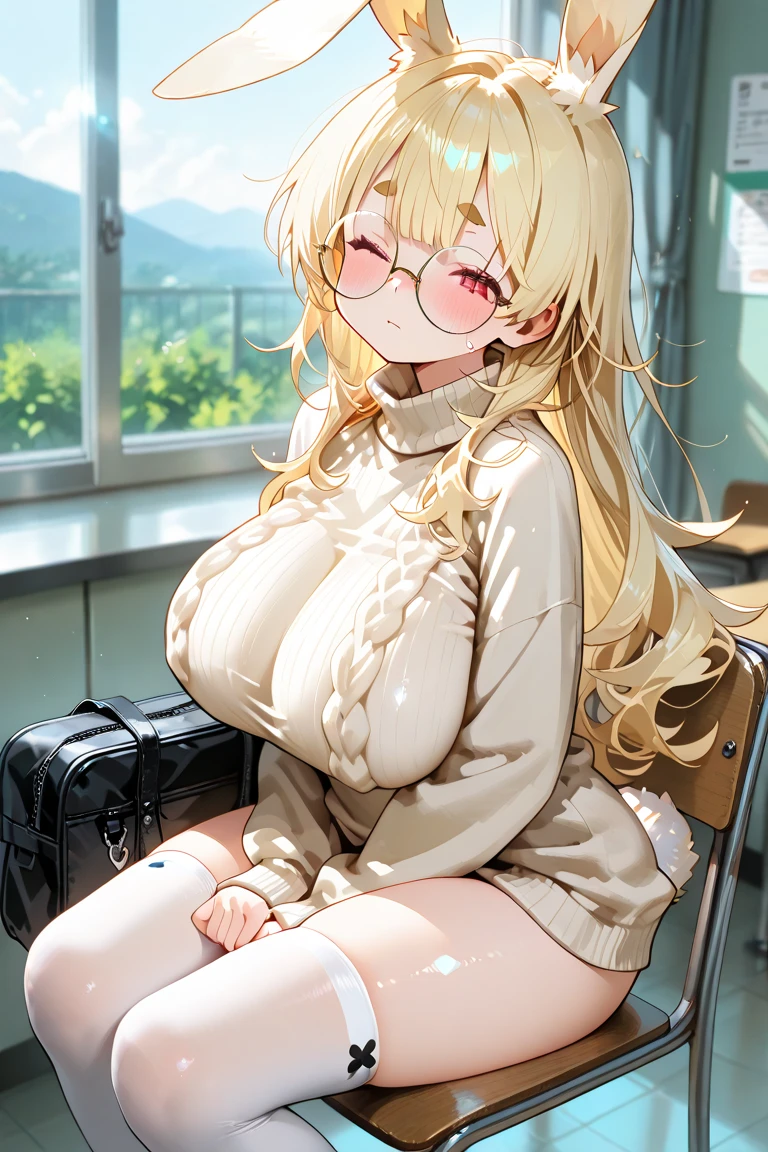 1girl, solo, upper body, facing viewer, looking at viewer, smile, AKANE MUROKASA, HALO, VERY LONG HAIR, GLASSEUNNY, RABBIT EARS, DETACHED COLLAR, AQUA BOW, BROWN SCARF, WHITE GLOVES.HUGE BREASTS,nude,nipples,thick thigs,skindentation,sitting,