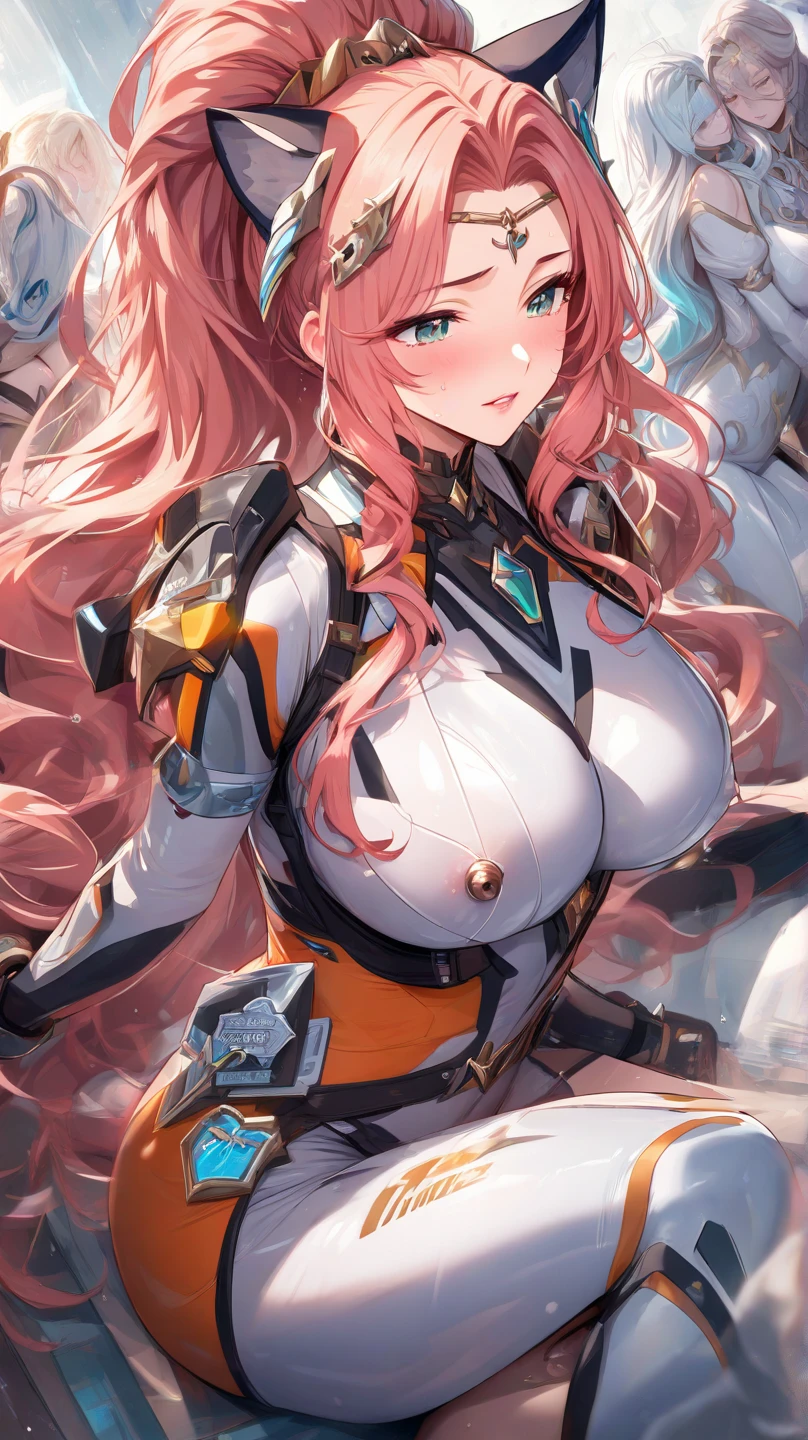 super high image, super detail, super high resolution, anime, manga, illustration,(full body image), (((beautiful japanese elf))), shiny gold red hair, (red eyes), blue alluring moist thick lips, (erotic expression), ((((Huge breasts)))), ((under boob)), ((side boob)), abs, great proportion, perfect proportion, slender, full body, (hour glass body type), ((showing cleavage)), (((mecha pilot armor))), ((Mech in background)), professional lighting, (exploding background)