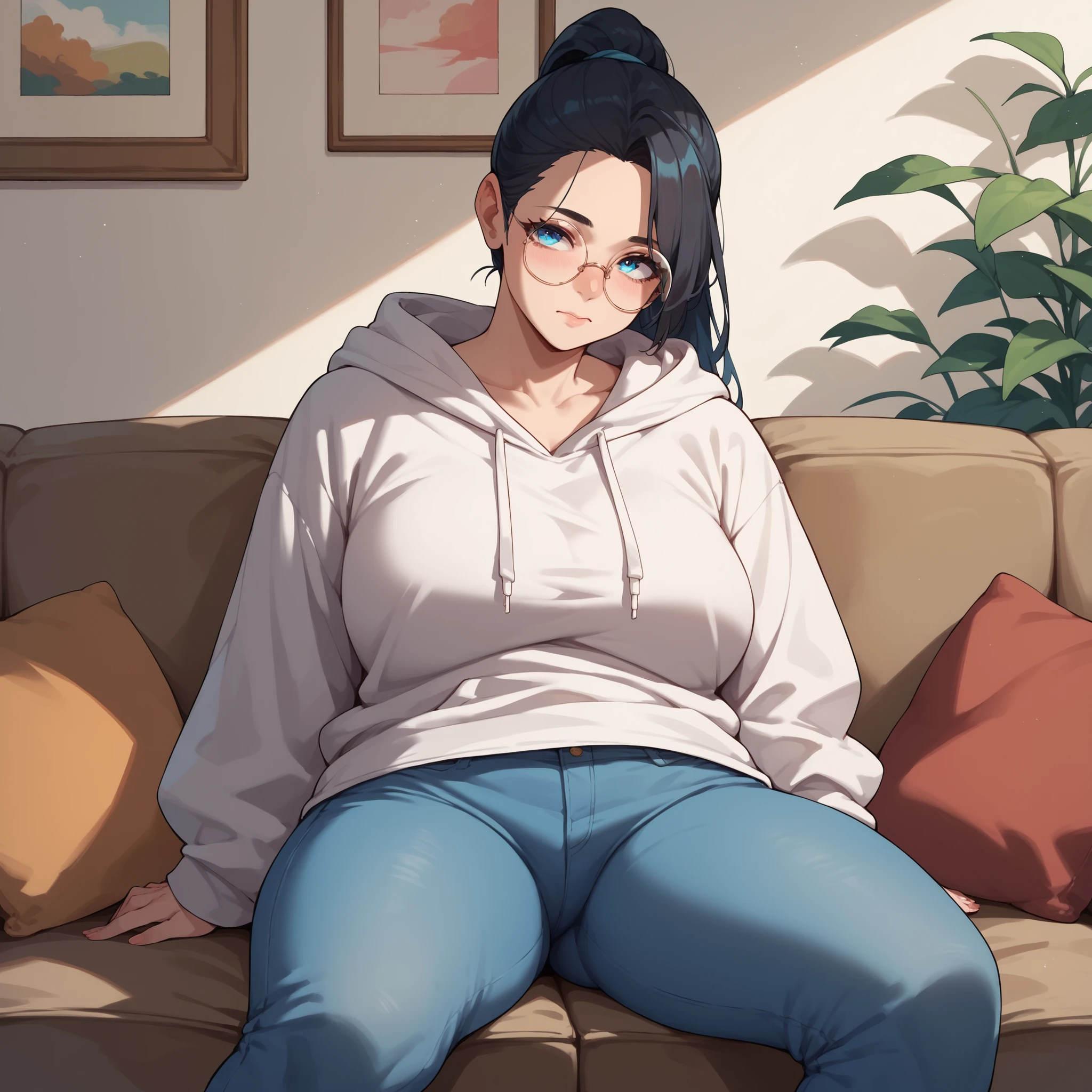 girl、glasses、gray hoodie、jeans、big breasts