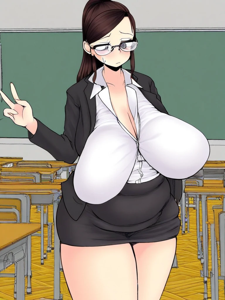 sexy woman, mature, milf, huge breasts, large breasts, curvy, voluptuous, clompletely nude, nude, pussy, nipples, black hair, brown eyes, short cut, hairbun, slick back hair, glasses, grinning, standing, office, indoors, crowd of people, art by joy ride