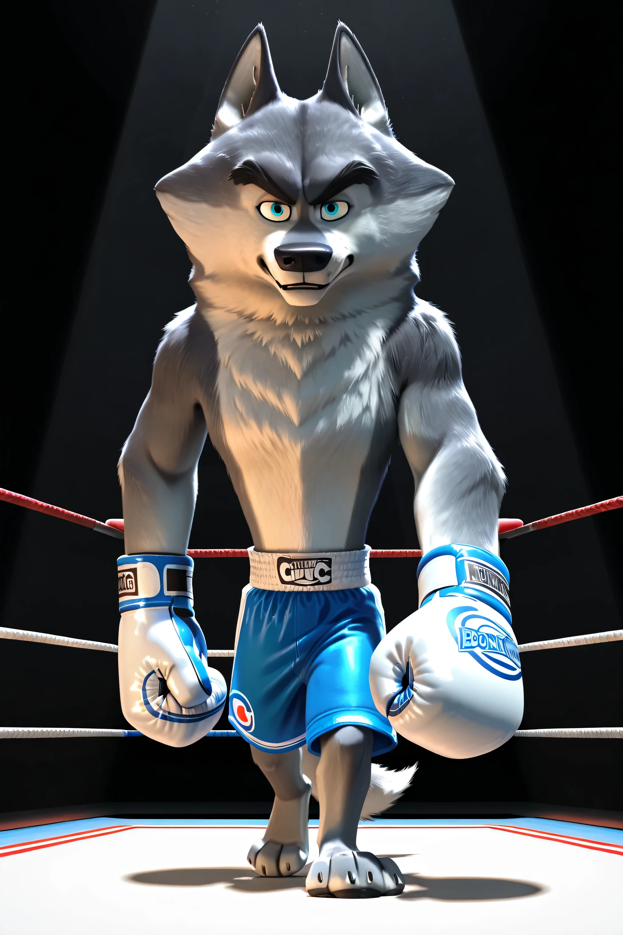 agentclassified, grey fur, wolf, blue eyes, thick eyebrows, cgi, solo, dark background, spotlight, high quality, detailed, full body, looking at viewer, boxing trunks, boxing gloves, big hands, walking, walking towards viewer, pov_boxing, big feet, boxing stance, boxing pose