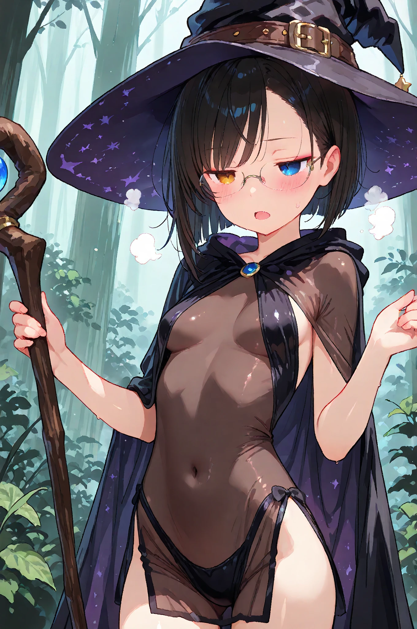 Two witch girls exposing in a back alley in Tokyo、One has white hair with an emerald green mesh, blue eyes with highlights, and wears a large, black witch hat with sapphire accessories.、The other has short black hair with red mesh, red eyes with highlights, and wears a black witch hat.、nude、Completely naked、B cup breastodest chest、Small breasts、Surrendering to pleasure、I can see the pubic hair、I can see the female genitals、Looking at me with a shy look on his face、Completely naked、nude、I can see the female genitals、I can see the clitoris、Pubic hair growing、I can see the vagina、Modest but beautiful breasts、R-18、Pink nipples、Erotic manga、Beautiful illustrations、I'm about to take it off, so I can see my.、I'm about to take it off, so I can see the female genitalia.