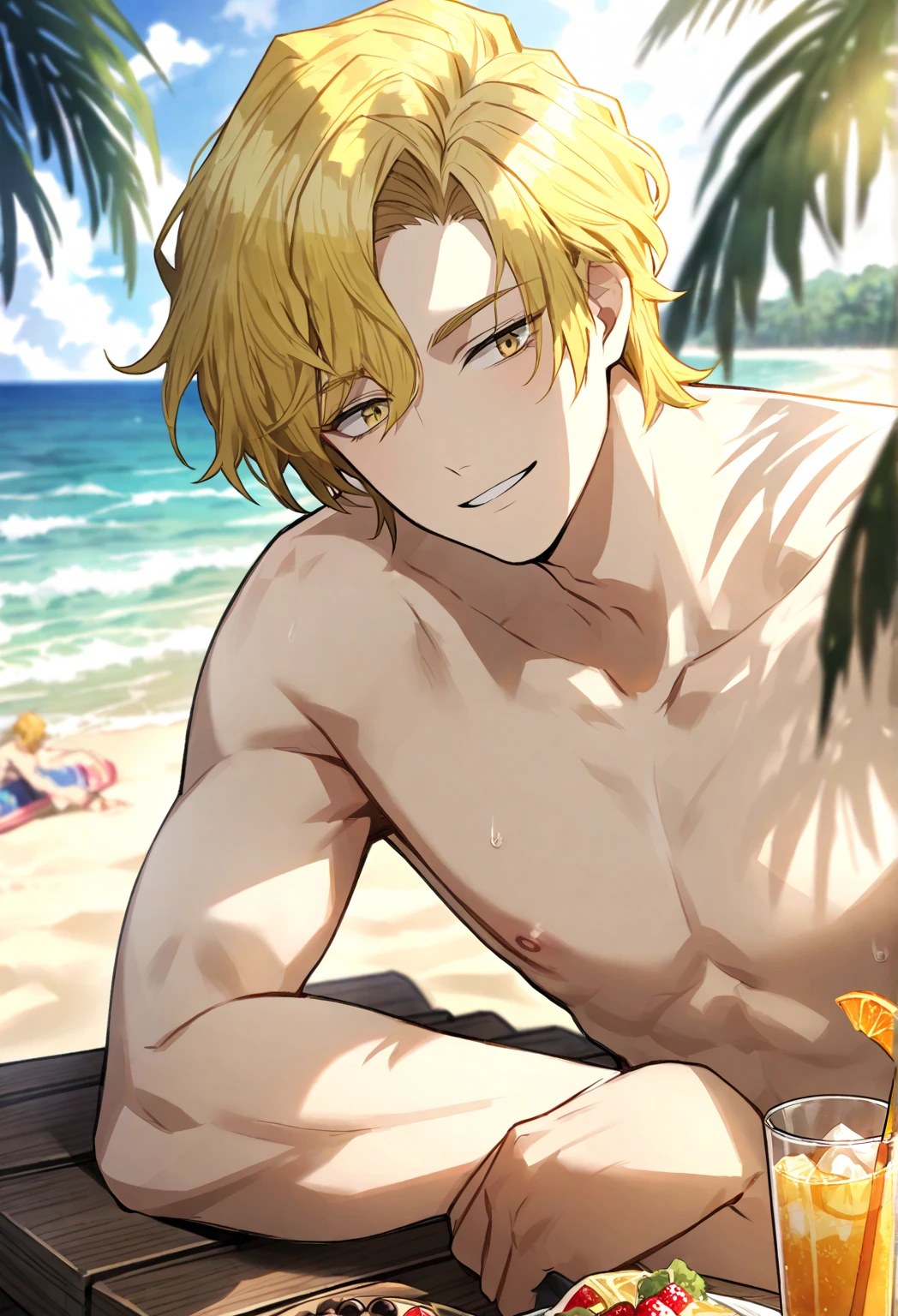 (masterpiece), best quality, hair over one eye, perfect face, mature male, (1boy, man), solo, blond hair, messy hair, , red eyes BREAK topless male, smile, grin, resort, day, outdoors, table, sitting on chair, yellow shorts BREAK summer