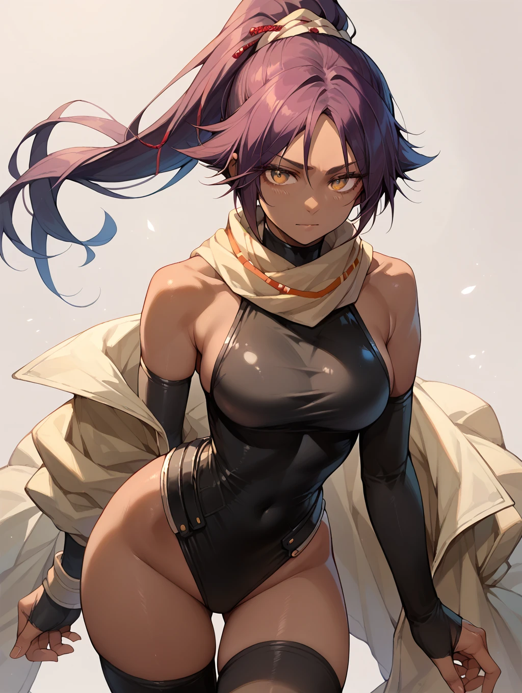 (masterpiece, best quality), intricate details, 8k, artstation, wallpaper, official art, splash art, sharp focus,
1girl, solo, shihouin yoruichi, purple hair, (dark skin, dark-skinned female:1.2), ponytail,
cropped-fc, underboob,