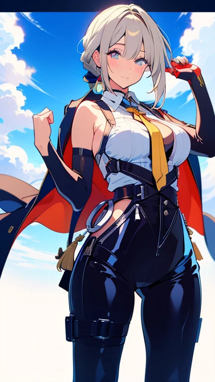 sfw, MiraKamiunten, streaked hair, earrings, military hat, white gloves, sarashi, huge breast, cleavage, purple jacket, red belt, spiked collar, epaulettes, fundoshi, (masterpiece, highest quality, best quality, official art, beautiful and aesthetic: 1.2), (1girl), extremely detailed, (fractal art: 1.3), colorful, highest detailed, perfect face, HDR, bright colors, huge breasts, detailed face, detailed eyes, perfect face, perfect eyes, (full body),