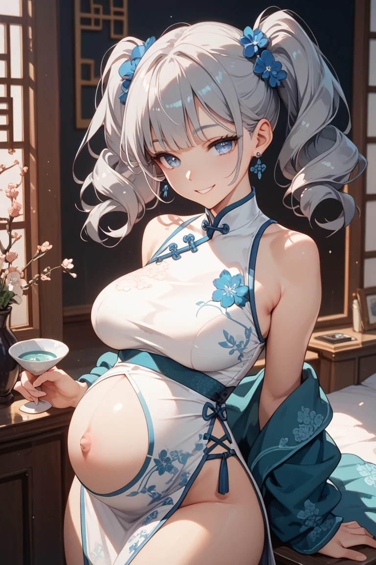 masterpiece, high resolution, high quality, pregnant woman, white kimono, big breasts, cat ears, floral pattern, yellow eyes, gray hair, twin tails,