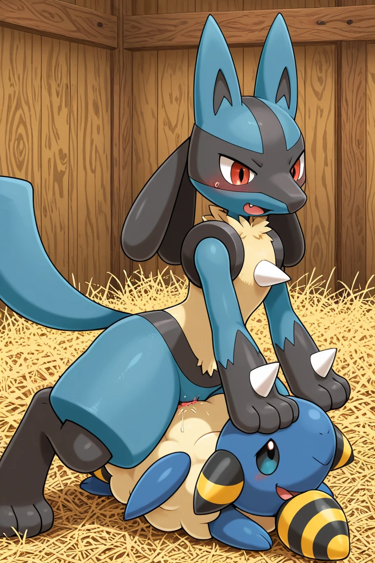 masterpiece, lucario, detailed eyes, detailed nose, detailed mouth, standing in forest, penis with knot, veiny balls hanging, lucario penetrated by another, excited face, semen, ultra-detailed, 8k, realistic, photorealistic, hyper detailed, dynamic lighting, dramatic shadows, vibrant colors, intricate textures