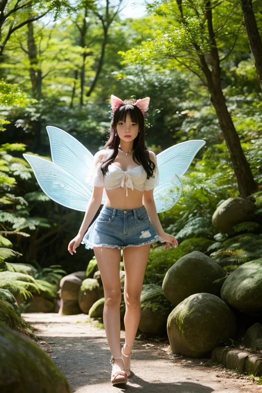 masterpiece、(Best Quality:1.4)、realisticlying、extremely detailed CG unified 8k wallpaper、ighly detailed、High-definition raw color photos、professional photograpy、Realistic portrait、Cinematic Light、(fullnude:1.5)、From head to toe、独奏、((Big butterfly wings、beautiful plumage、Glowing feathers、Little Fairy))、nakedness、Beautiful big breasts、Detailed chest、bared chest、Bare shoulders(Fine face:1.2)、(Light brown hair that extends to the inseam:1.1)、fullbody naked、(cameltoe details:1.3)、((plein air、Superb view、clear stream))