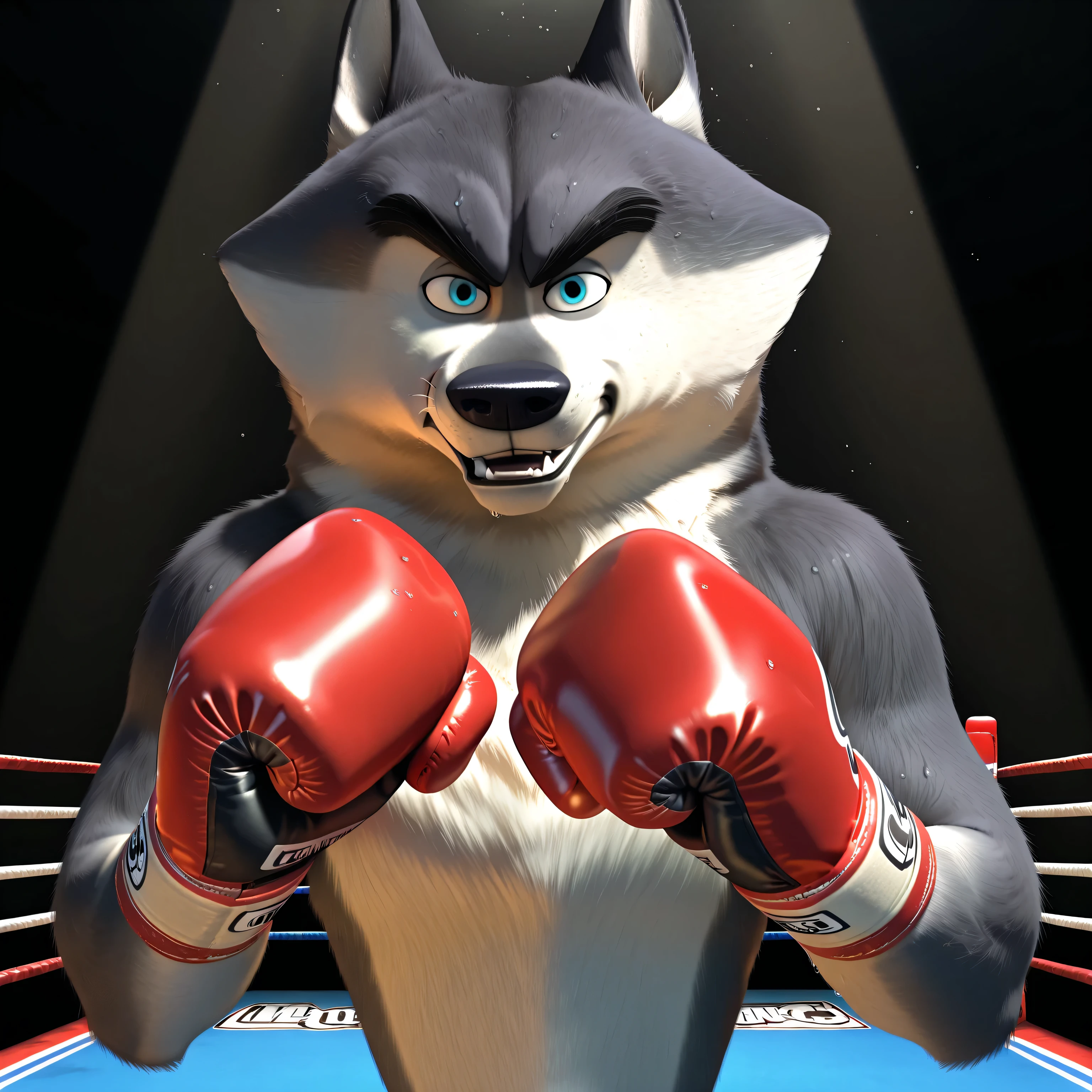 agentclassified, grey fur, wolf, blue eyes, muscular male, muscular, thick eyebrows, cgi, solo, dark background, spotlight, high quality, detailed, half body, looking at viewer, boxing gloves, big hands, pov_boxing, (glistening body, glistening fur), sweaty, (gloves up, fists up, boxing posture, boxing pose, gloves up in a boxing guard),