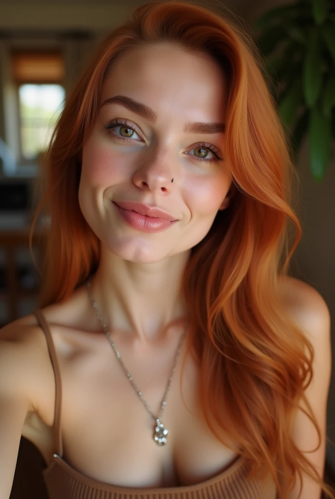 Hyperrealistic full body photography of a super cute Irish redhead with dark theme, freckles, thin nose, porous skin and short hair. (big flared bare breasts, (small, slim waist, slim body), hard nipple with realistic details, blue eyes, big eyes, detailed eyes, realistic skin, epic realism, HDR: 1.5, epic skin detail, (lustful smile , seductive look, perfect teeth), (8k, RAW photo, maximum quality), erotic pose, sexy, perfect face,