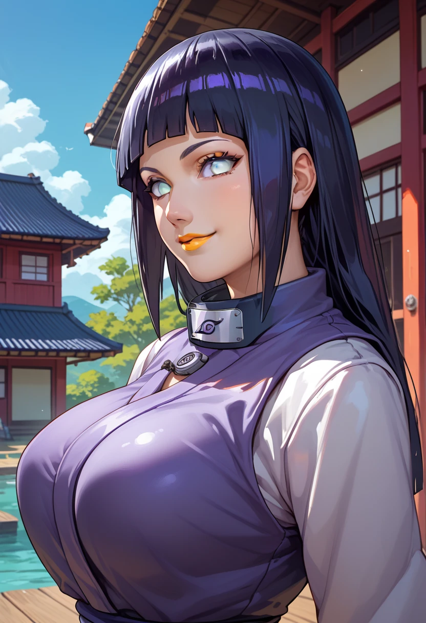 masterpiece, best quality, very aesthetic, absurdres, 1girl, mature_lady, looking at cat, a cat on her head,upper body,hyuuga_hinata, naruto_(series), naruto_shippuuden, 1girl, white_eyes, no_pupils, black_hair, blunt_bangs, byakugan, hime_cut, large_breasts, long_hair, black_pants, fishnet_top, jacket, purple_jacket, headband_around_neck, konohagakure_symbol, thigh_holster,in a botanical garden,floating_clothes