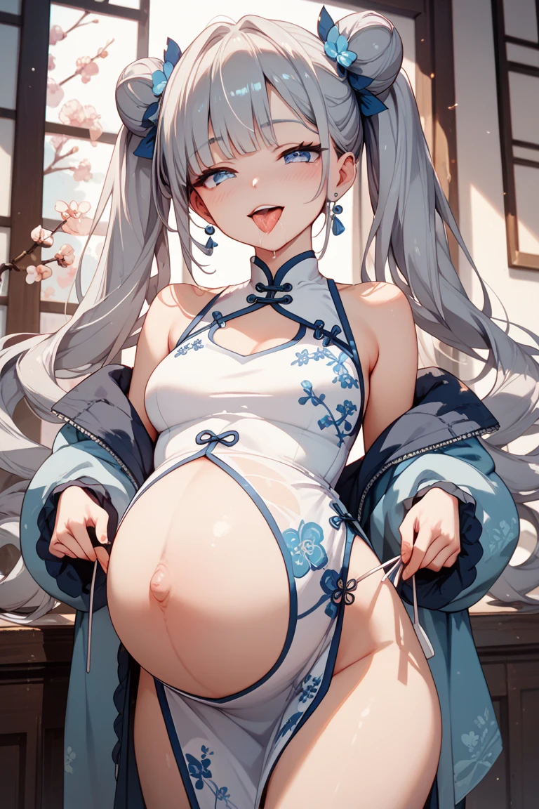 Anime Kawaii sexy Perfect Slim sensual body large breast and huge thighs, An intricate and highly detailed illustration of anime (Young girl). best qualityer,Masterpiece artwork,The is very detailed,4K,Gray hair and shallow eyes,Drag cool expressions,wolf's ears,Upright scar on left eye,British style,1 girl,utterly cute, Breasts huge, White attire, Scrunchie de orelha de animal