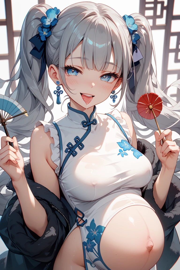 best quality, masterpiece, highres, solo, {illustrious_azurlane:1.15}, long_hair, white_hair, blue_eyes, breasts, large_breasts, bangs, hair_ornament, cleavage, mole, smile, mole_under_eye, blush, ribbon, hair_ribbon, 1girl, china_dress, chinese_clothes, dress, looking_at_viewer, white_dress, folding_fan, hand_fan, holding_fan, folded_fan, flower, holding, ahoge, simple_background, tri_tails, white_background, hair_flower