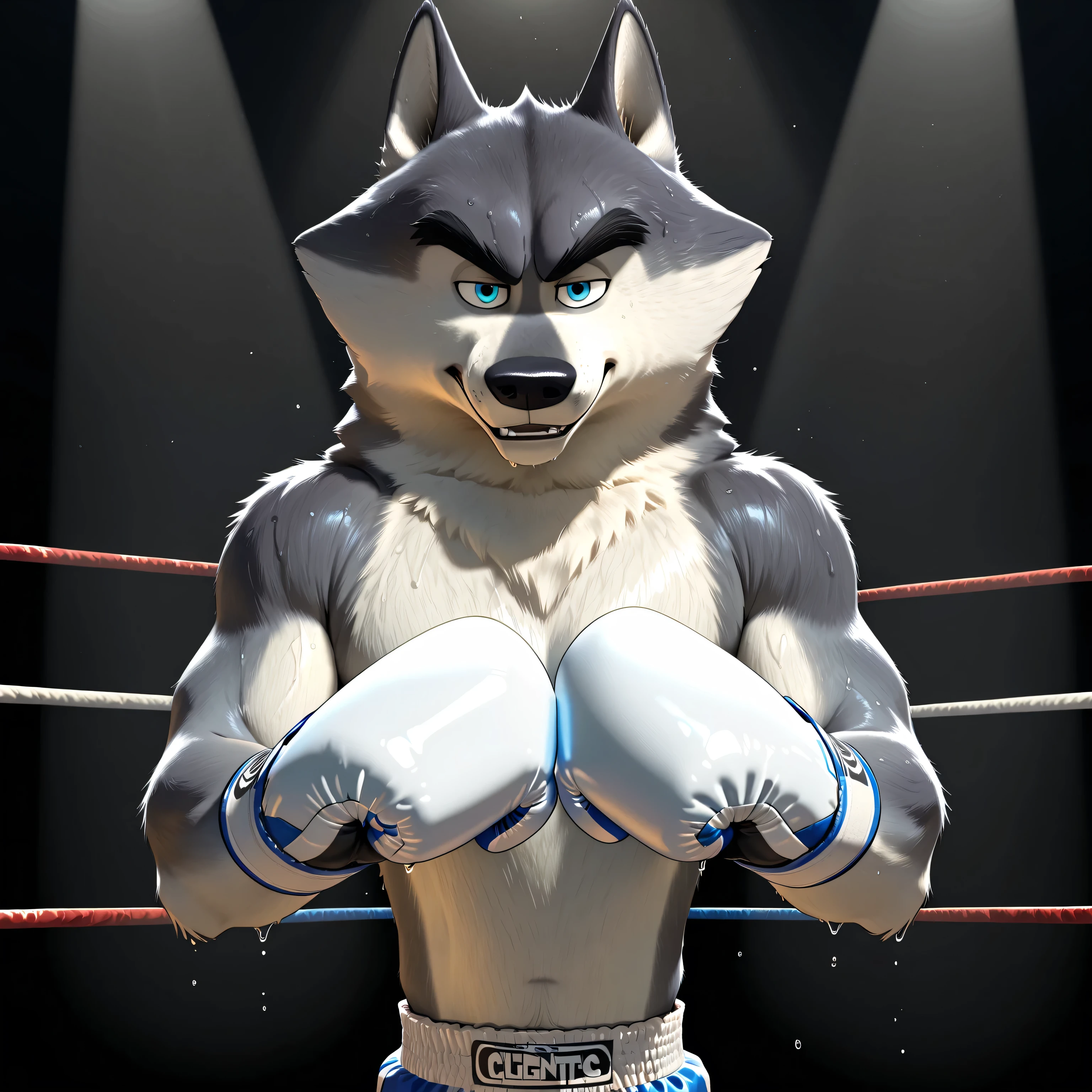 agentclassified, grey fur, wolf, blue eyes, muscular male, muscular, thick eyebrows, cgi, solo, dark background, spotlight, high quality, detailed, half body, looking at viewer, boxing trunks, boxing gloves, big hands, pov_boxing, (glistening body, glistening fur), sweaty, gloves up, fists up, boxing posture, boxing pose, gloves up in a boxing guard, broad shoulders, strong , thick arms