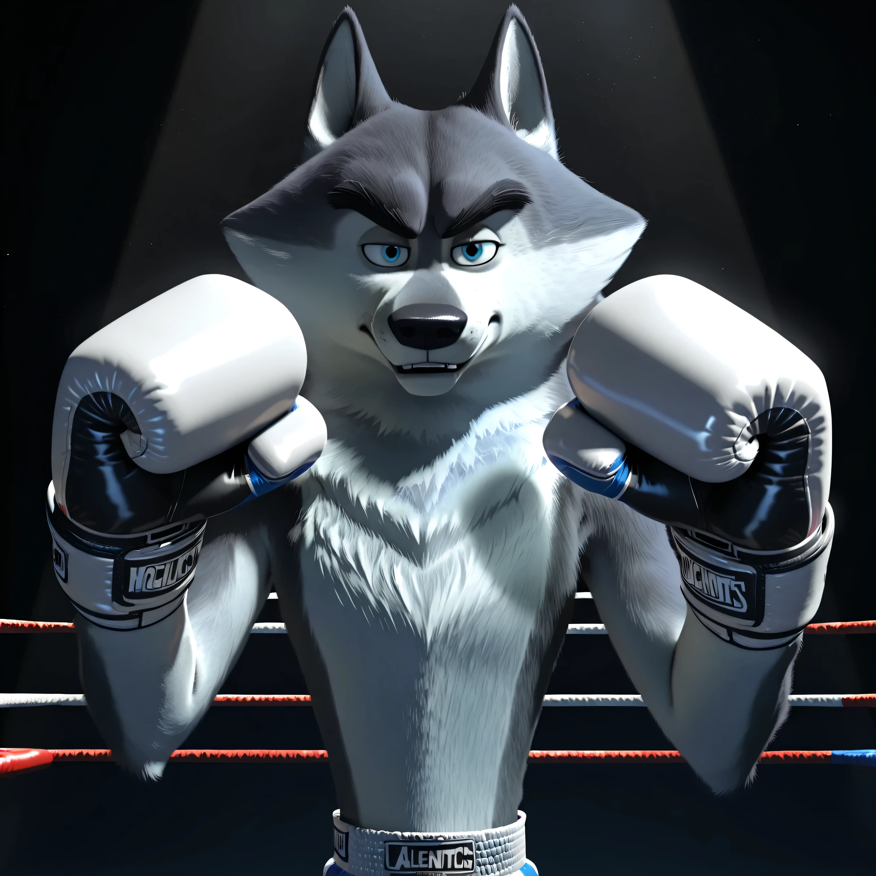 agentclassified, grey fur, wolf, blue eyes, thick eyebrows, cgi, solo, dark background, spotlight, high quality, detailed, half body, looking at viewer, boxing trunks, boxing gloves, big hands, pov_boxing, (glistening body, glistening fur), gloves up, fists up, boxing posture, boxing pose, gloves up in a boxing guard