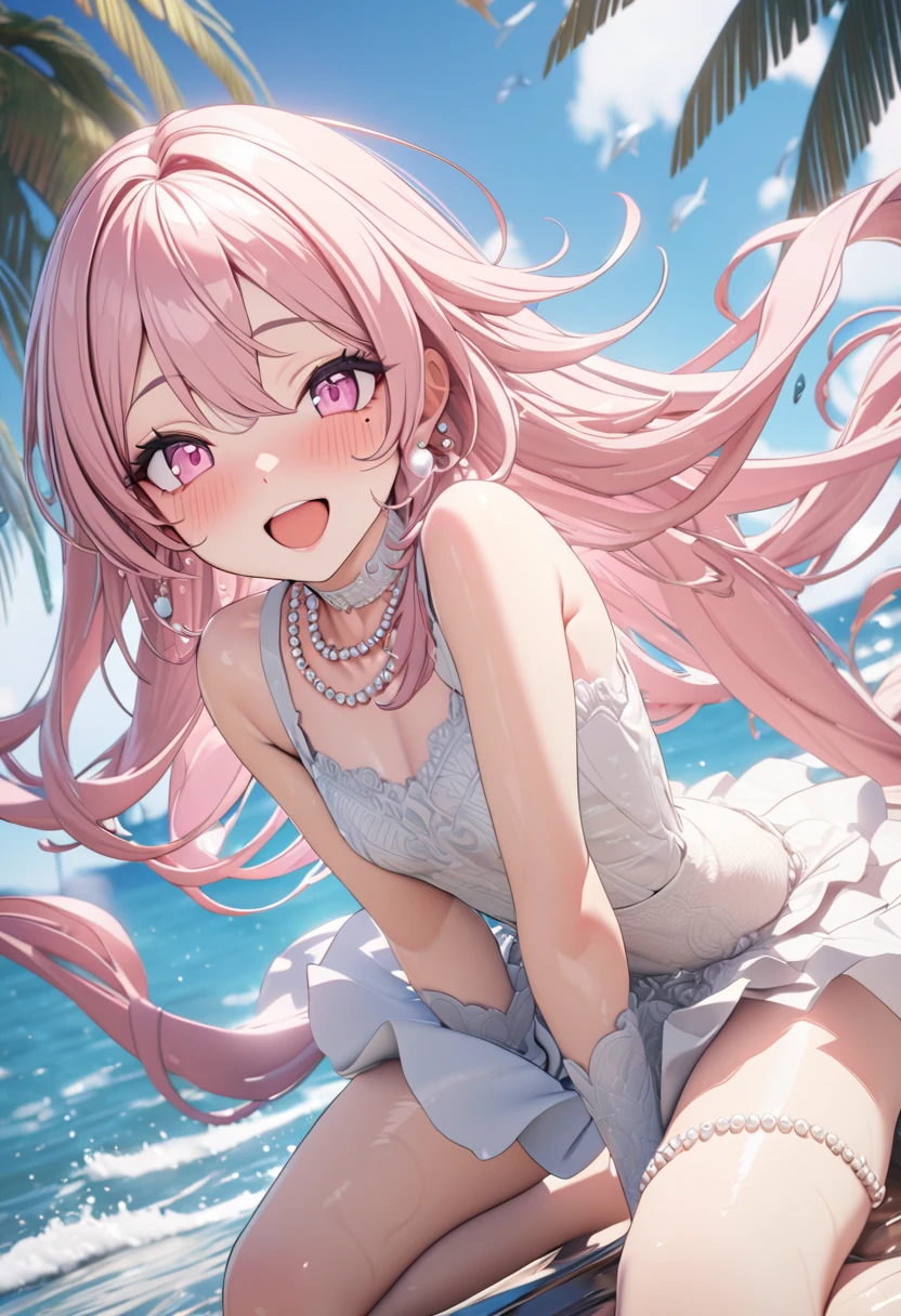 masterpiece、Highest quality、Highly detailed CG Unity 8k wallpaper、High School Girl Anime Illustration。Wearing a rainbow swimsuit、Doing the peace sign、(Hair Ribbon:0.4), Pink Eyes,(((White bun hair))),(((Pink long hair))),Smiling with eyes closed and mouth open。The background is a pale pastel colored landscape.、Watercolor Digital Art、It's a little embarrassing