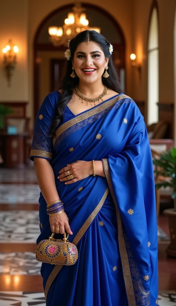 a 50-year-old shirtless man affectionately hugging and kissing aradiant, full-figured South Indian plus-sized 30 year old teacher wearing a off white silky saree in dressing room, captured in a full-body image with vibrant hues and meticulous details. Full body image