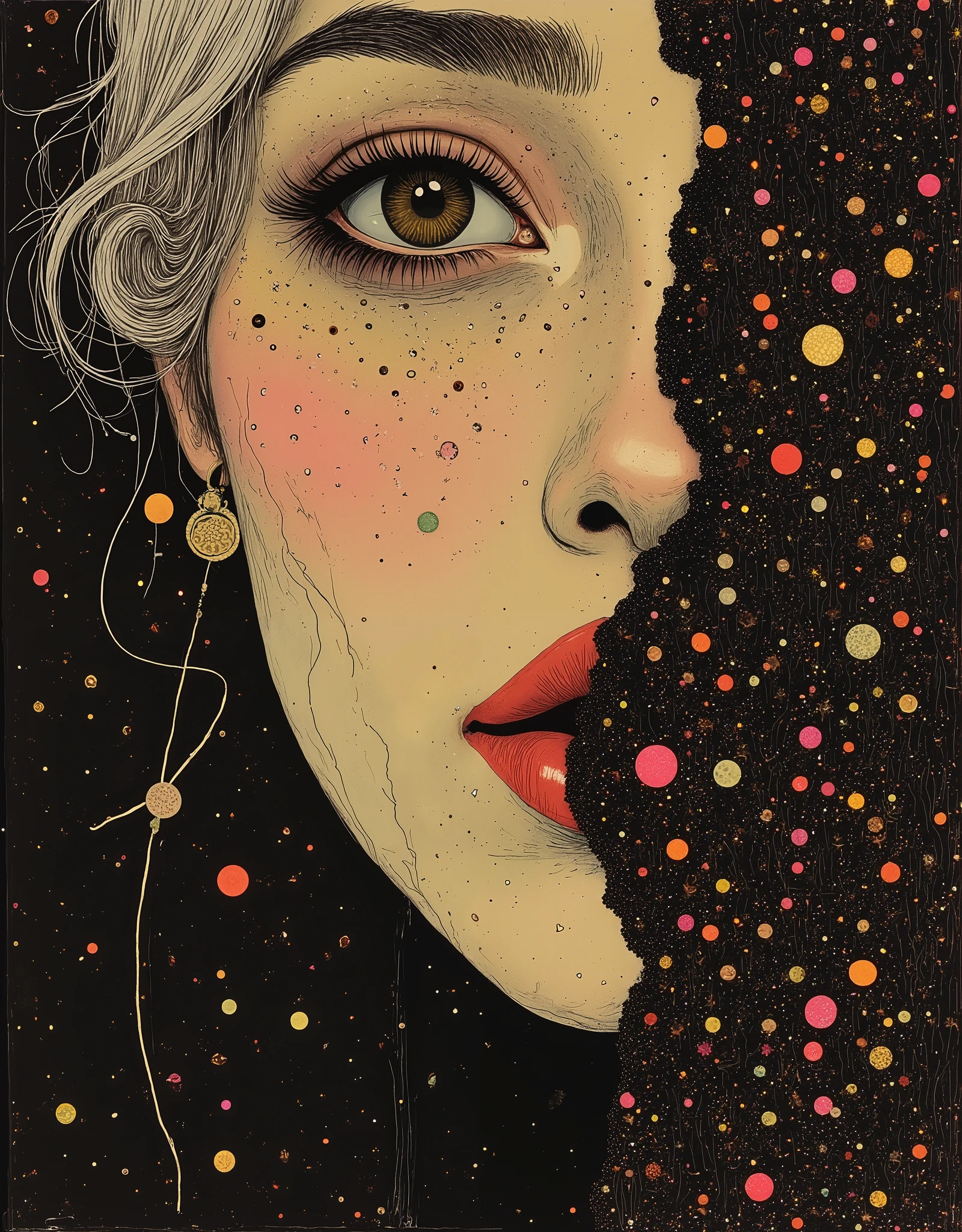Magnificent, dark background, extreme ultra close-up portrait illustration of a stunning Asian woman's face, (classy minimal makeup: 3), (platinum hair: 3), seductive, sensual expression, lustful, (strong dazzling light on one side of face: 4)