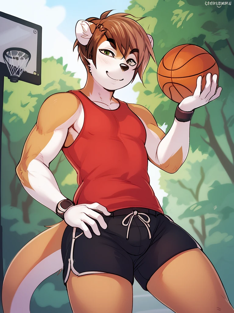(by xnirox, slimefur), hi-res, good graphics, great anatomy, anatomically correct, musk, musk clouds, NSFW, jockstrap, Jolteon, playing basketball, basketball hoop, outside
