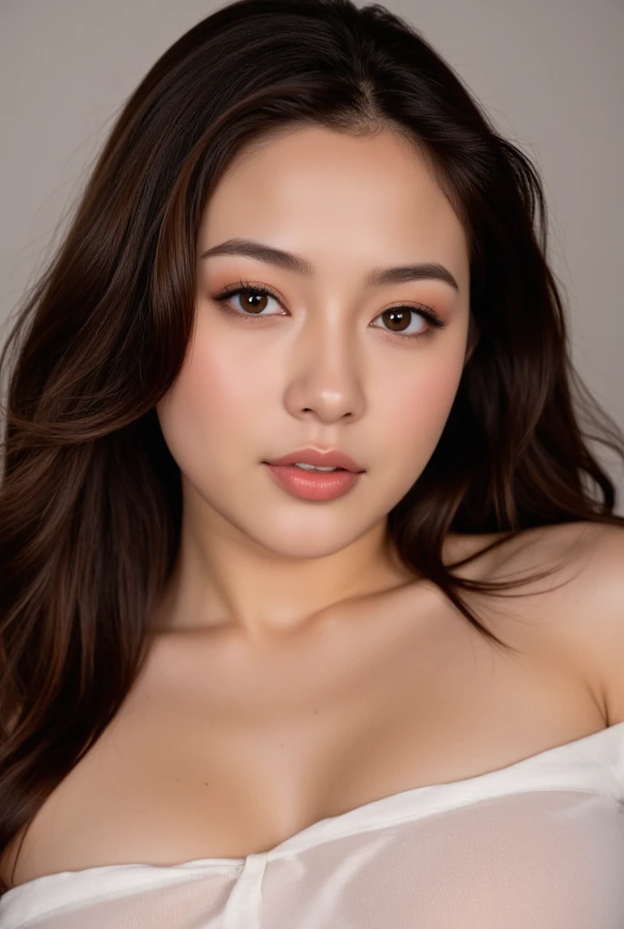masterpiece, best quality, eyes makeup, eyelashes, (huge breasts: 1.3), (arm up pose: 0.8), (camisole dress, light brown attire), (mature female:1.3), (plump:1.2), beautiful, long hair, white background, lying, (looking at viewer), nsfw:1.2, sex, Indonesian, (cum ), ultra detailed skin:1.3, (selfie), (Indonesian face), smile, chinese