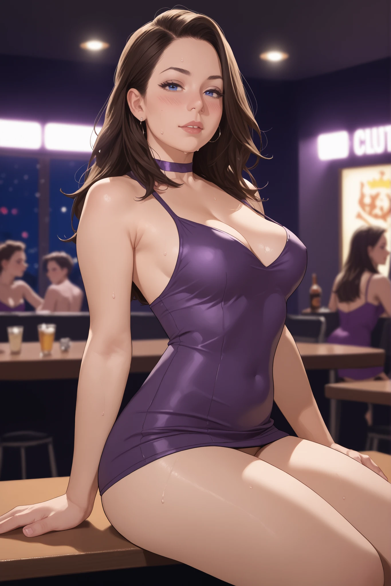 A hot brunette woman, redhead, curly hair, promoting online casino roulette on a purple background, well-lit, blurred ledes