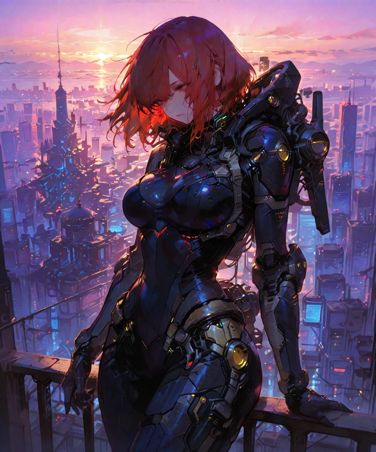 highres, absurdres, masterpiece, high quality, highly detailed, aerial view of a  futuristic city skyline, sunset
AND
1girl, large breasts, high tech, futuristic, bodysuit,  flying