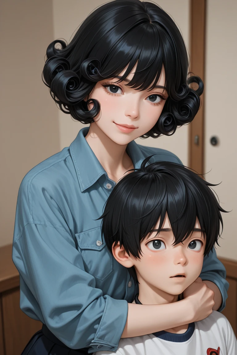 The photo shows a woman and an elementary school boy.、barber、(A young and very beautiful woman(Wearing a white barber&#39;s uniform:1.4)、skirt、Cutting a boy&#39;s hair:1.7)、少年はbarberのイスに座る、A kind smile、Big Breasts、Boy looking at woman&#39;s breasts、Fine facial features、Beautiful Eyes、Long eyelashes、Highly detailed and realistic cinematic lighting、Glowing Skin、Delicate hands、Warm tones、Soft focus background、