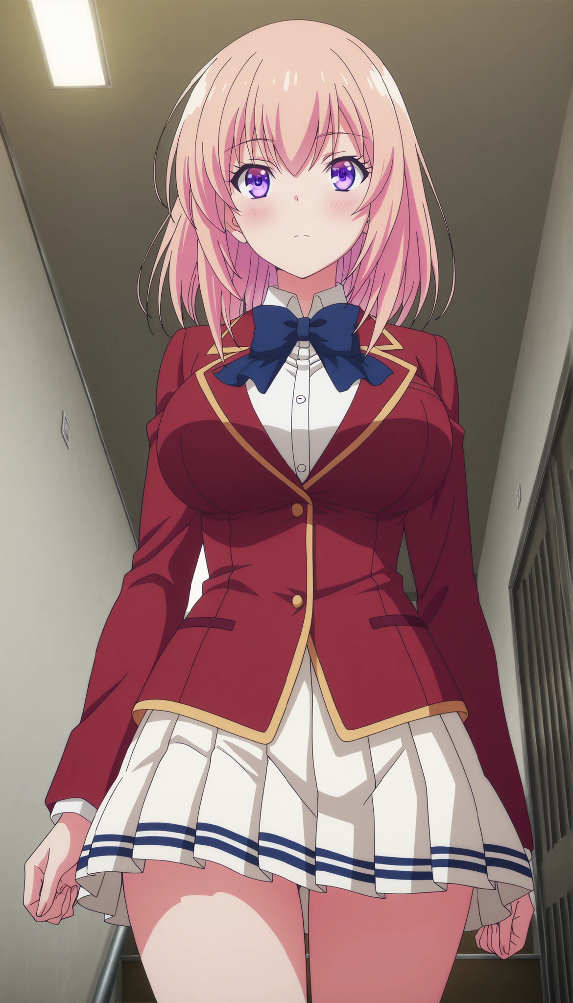 masterpiece, best quality, very detailed, , masterpiece, best quality, eyelashes, (Beautiful Eyes), cowboy shot,Ichinose Honami, anime, Official Illustration , Big Breasts, blush, ruddy skin,Big Breasts, medium hair , purple eyes , Gold ,red jacket , pleated skirt ,white skirt , shirts , place your hand on your lower back , from below, thigh