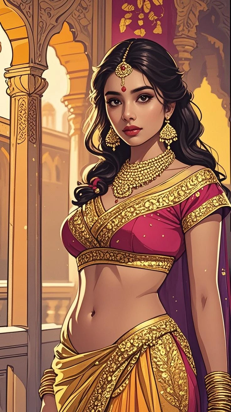 (audra miller:0.9), ([charli xcx|lana del rey|putri cinta]:0.9), cartoon, vector art, beautiful young woman, 
mughal princess anarkali looking embellished indian elegance,
symmetrical face, large breasts, fit,
high-resolution digital painting, splendid 8K masterpiece,
edgbodytape
best quality, masterpiece, detailed,   <lora:edgBodytape_MINI:0.8>