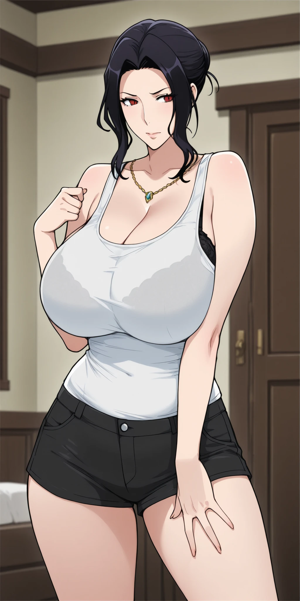 (best quality:1.5, highres, UHD, 4K, detailed lighting, shaders), ponytail, busty, cleavage, camisole, shorts, sexy, (pov, close shot), lewd, erotic, standing