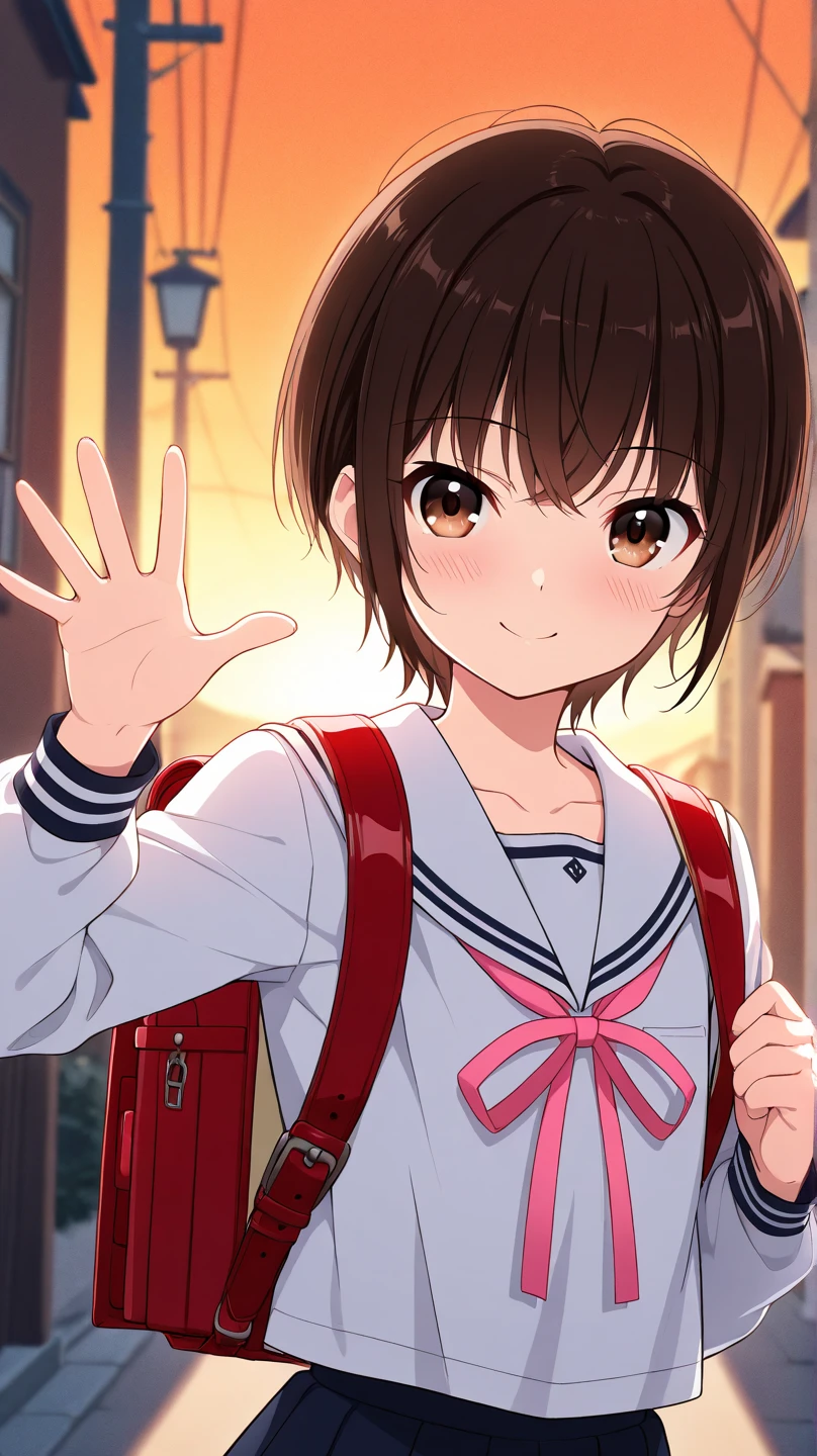 (Ayumi Yoshida)masterpiece, Highest quality, Very detailed, 1 cute girl (10 years old, child), Brown Hair, Shortcuts, blush, Absurd, Shining Eyes, lure, Round face, Short stature, Hair on one eye, School Sailor Uniform, surprised, White panties, Lift up your shirt, (Perfect hands, Perfect Anatomy), I'm smiling at you、