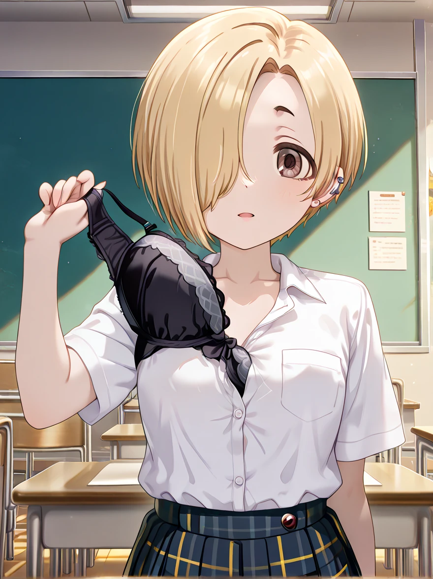 、(masterpiece、Highest quality)、Highest quality, Ultra-high resolution, (((masterpiece))), alone, Sweat、Big eyes, Composition from the front、Shortcuts、Embarrassed face、Blonde Hair、Cut your hair short、School classroom、skirt、short hair、Browsing Caution、Upper body naked、Breasts exposed、Nipples、Large areola、Sitting in a chair without a backrest、Internal Medicine Examination、Woman showing her body、belly button、真Composition from the front、School Insurance Office、curtain、cubicle、window、door、Fluorescent lamp