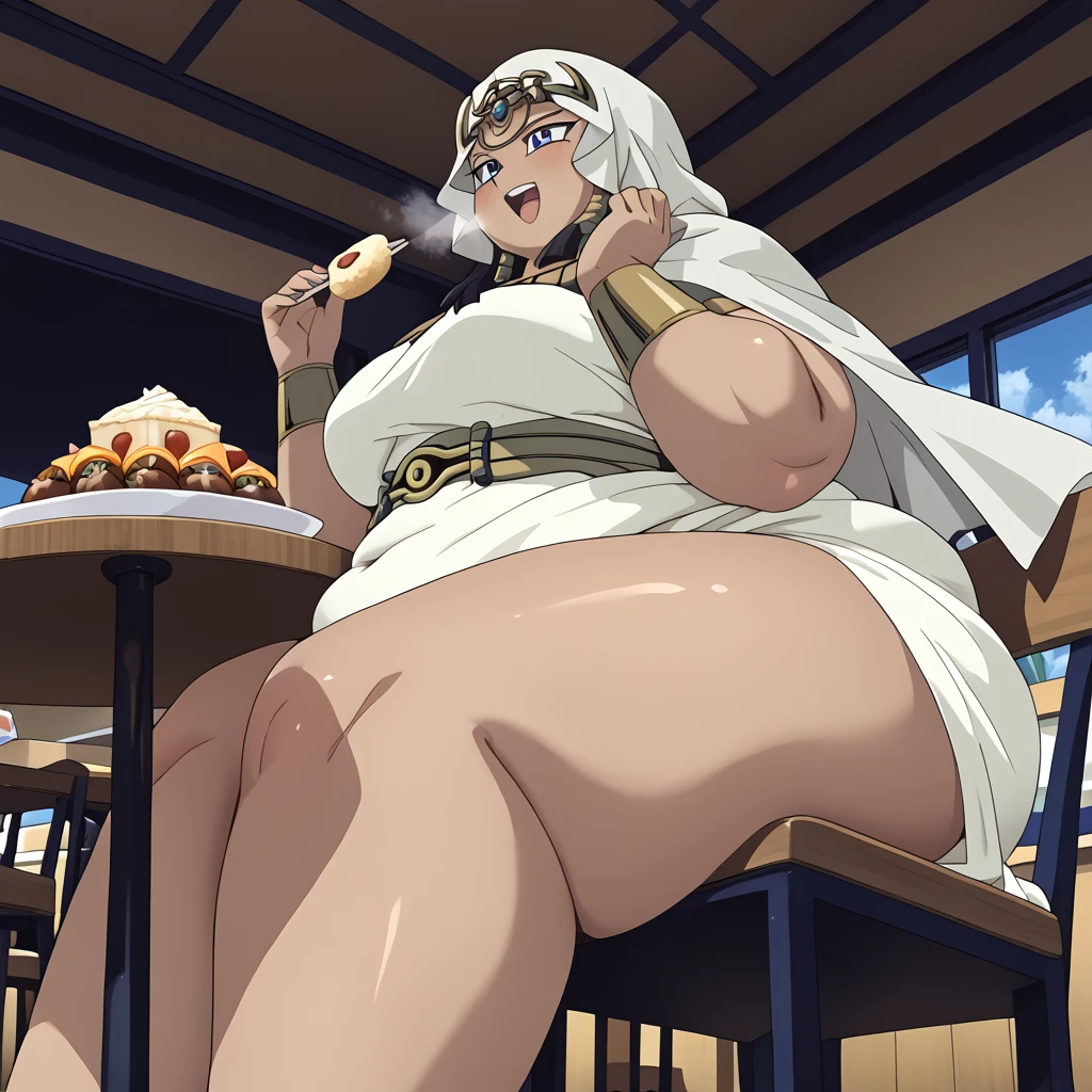 masterpiece,best quality,{{detailed beautiful face and eyes}}, very detailed background, 1 girl, solo,
Ishizu Ishtar,dark skin,long hair,black hair,egyptian,parted bangs,blue eyes,medium breasts, cape, hood,
1girl,(is embarrassing,big blush, Egyptian dress, eating food, indoor, restaurant, looking down, in front of tones of food, table, chair, from side below, pov belly, sitting, happy, smile, ahegao,
,nsfw full body shot,   fat, chubby, obese, gigantic arms and legs, large breasts open mouth, out of breath