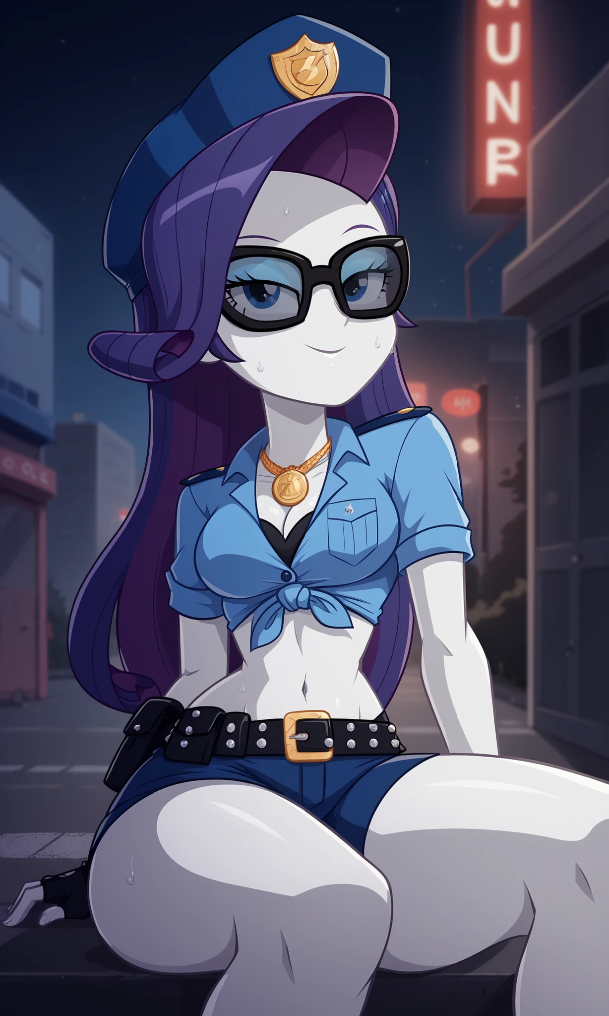 masterpiece, detailed image, soft skin, style_2d_chibi, (rarity)1 girl, alone, blue hair, colored skin, purple hair, multi-colored hair, long hair, bun, bangs, blue eyes, , smile, ((Focus on face)),, from side, 1 girl, cap, police cap, sunglasses, playing police, cosplay, police, police uniform, alone, uniform, short shirt, navel, belly, tied shirt, short butts, medium breasts, cleavage, hand on the ground, hips, curves, thick thighs, medal, gloves, fingerless gloves, black gloves, holster, belt, simple background, shorts, blue uniform, looking at viewer, behind the car, outdoors, at night, city, road, sitting, after fall, from below, focus on face, looking back, sweat, shiny skin, oiled skin, wide hips, thick thighs,, SciTwi EQG, tail horse, blue hair, white skin,, ((ransu33 art style))