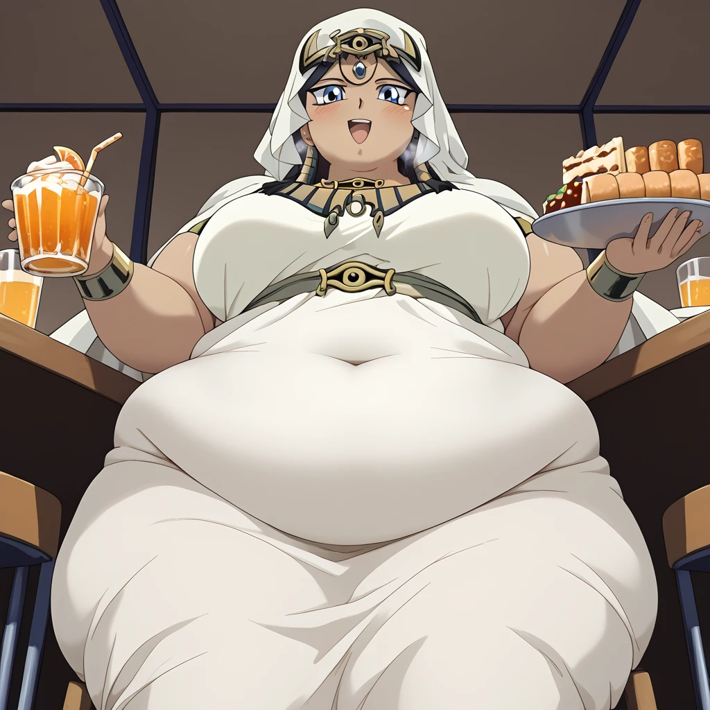 masterpiece,best quality,{{detailed beautiful face and eyes}}, very detailed background, 1 girl, solo,
Ishizu Ishtar,dark skin,long hair,black hair,egyptian,parted bangs,blue eyes,medium breasts, cape, hood,
1girl,(is embarrassing,big blush, Egyptian dress, eating food, indoor, restaurant, looking down, in front of tones of food, table, chair, from below, pov belly, sitting, happy, smile,
,nsfw full body shot, fat, chubby, obese, gigantic arms and legs, large breasts open mouth, out of breath